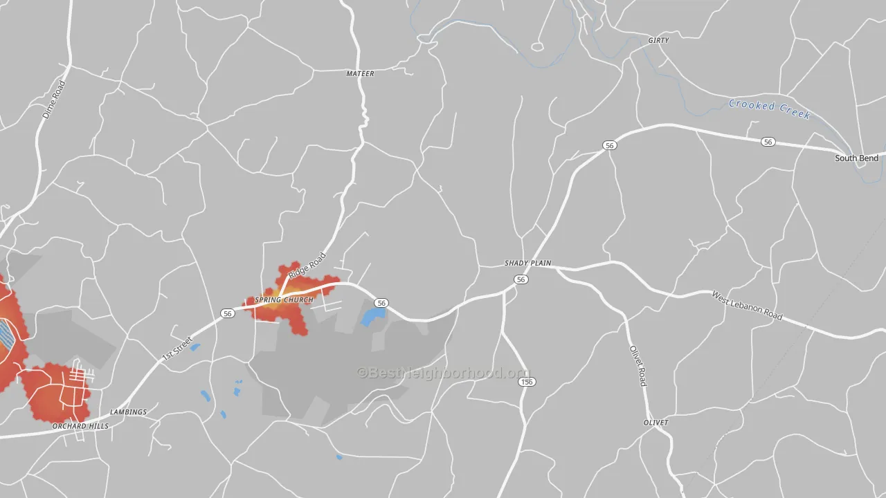 Walk Grade map of Spring Church, PA, walkable areas in green and car-dependent areas in red