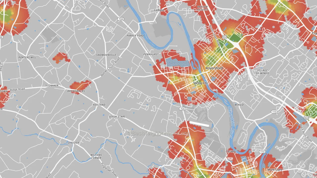 Walk Grade map of Spring City, PA, walkable areas in green and car-dependent areas in red