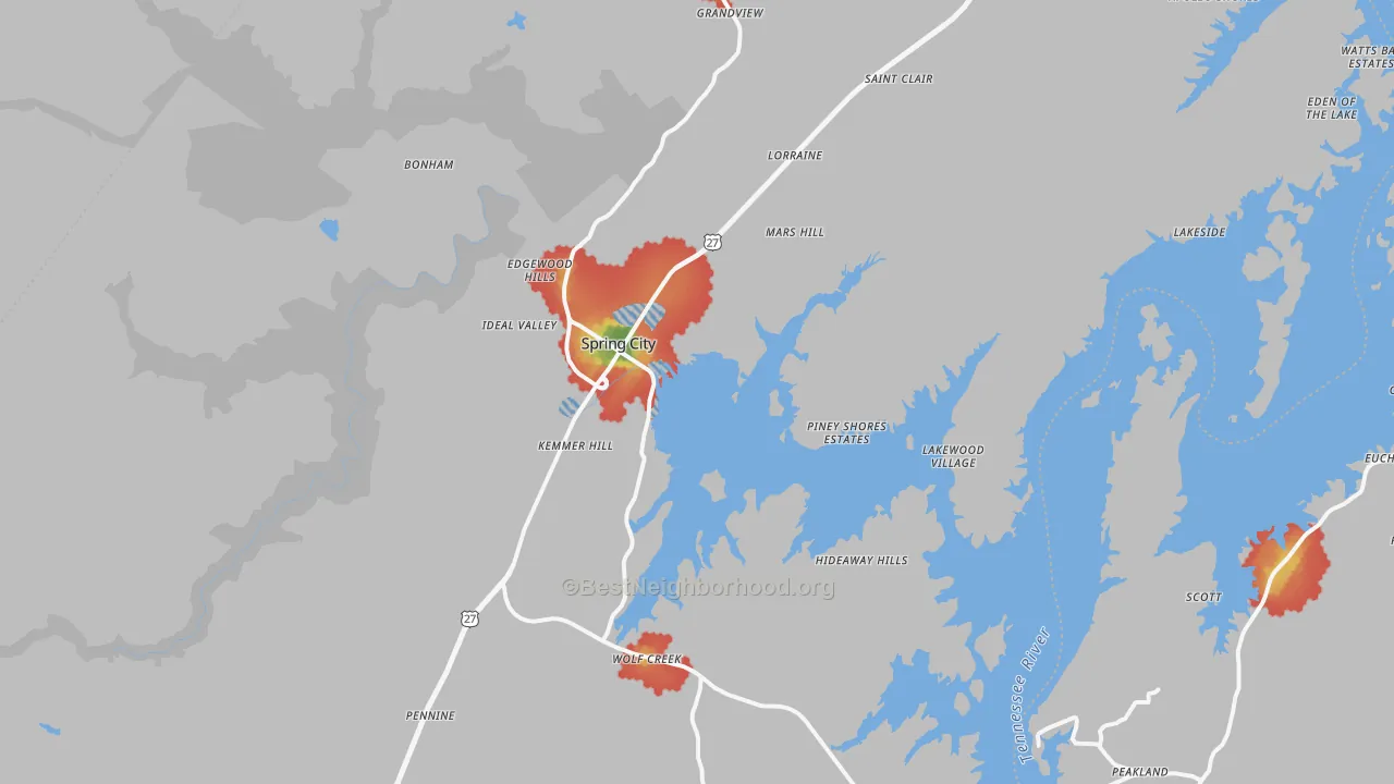 Walk Grade map of Spring City, TN, walkable areas in green and car-dependent areas in red