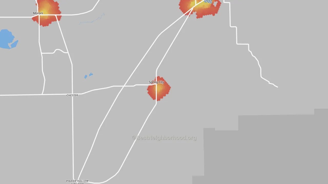 Walk Grade map of Spring City, UT, walkable areas in green and car-dependent areas in red