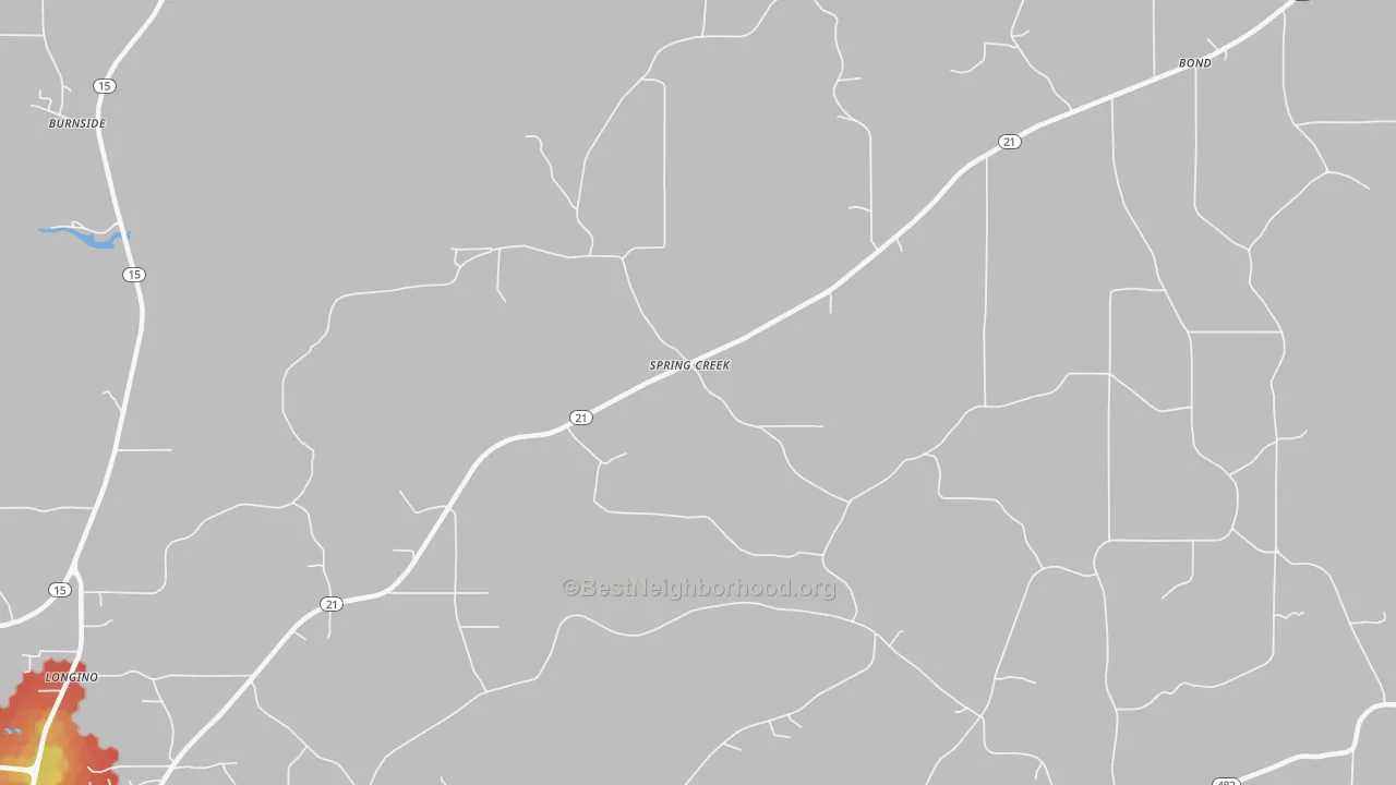 Walk Grade map of Spring Creek, MS, walkable areas in green and car-dependent areas in red