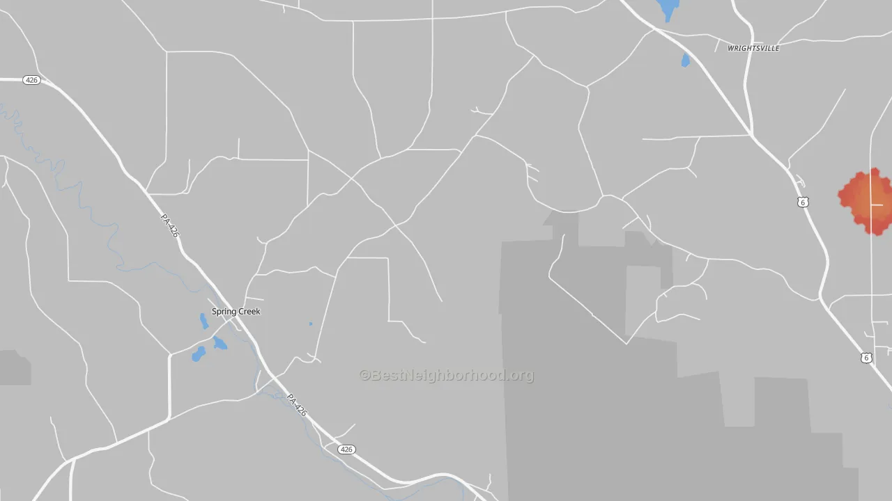 Walk Grade map of Spring Creek, PA, walkable areas in green and car-dependent areas in red