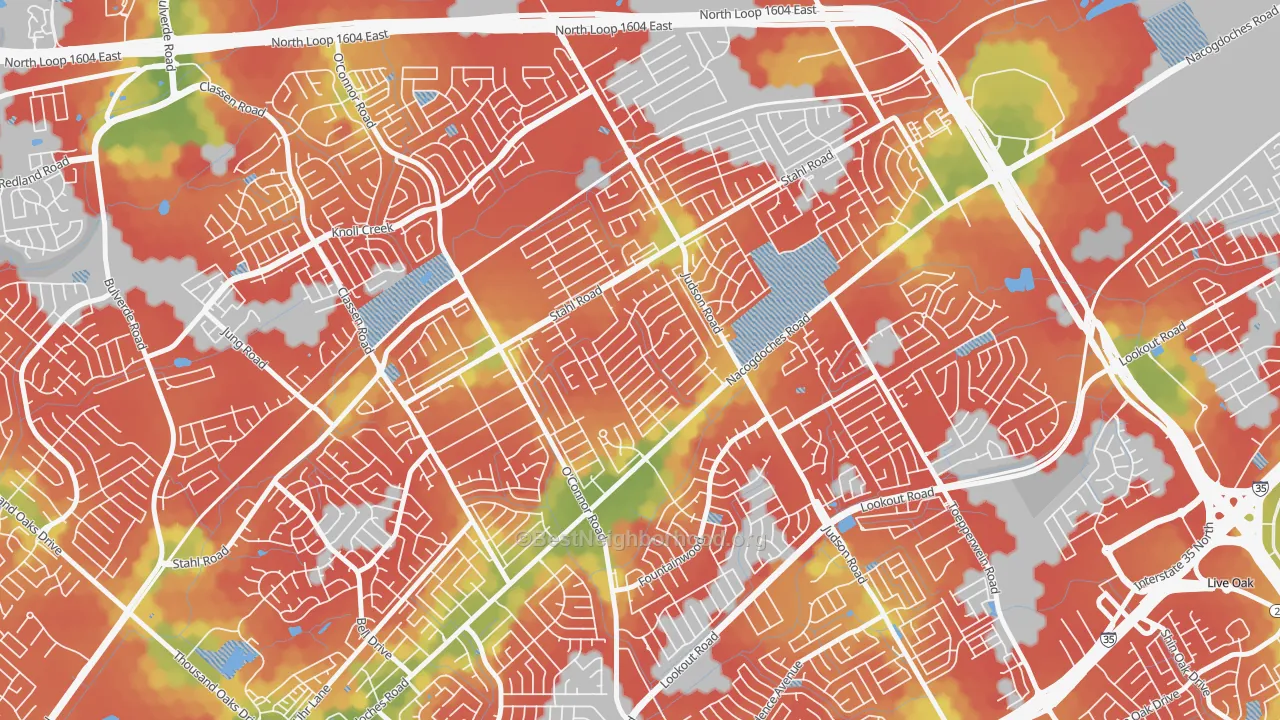 Walk Grade map of Spring Creek, San Antonio, TX, walkable areas in green and car-dependent areas in red