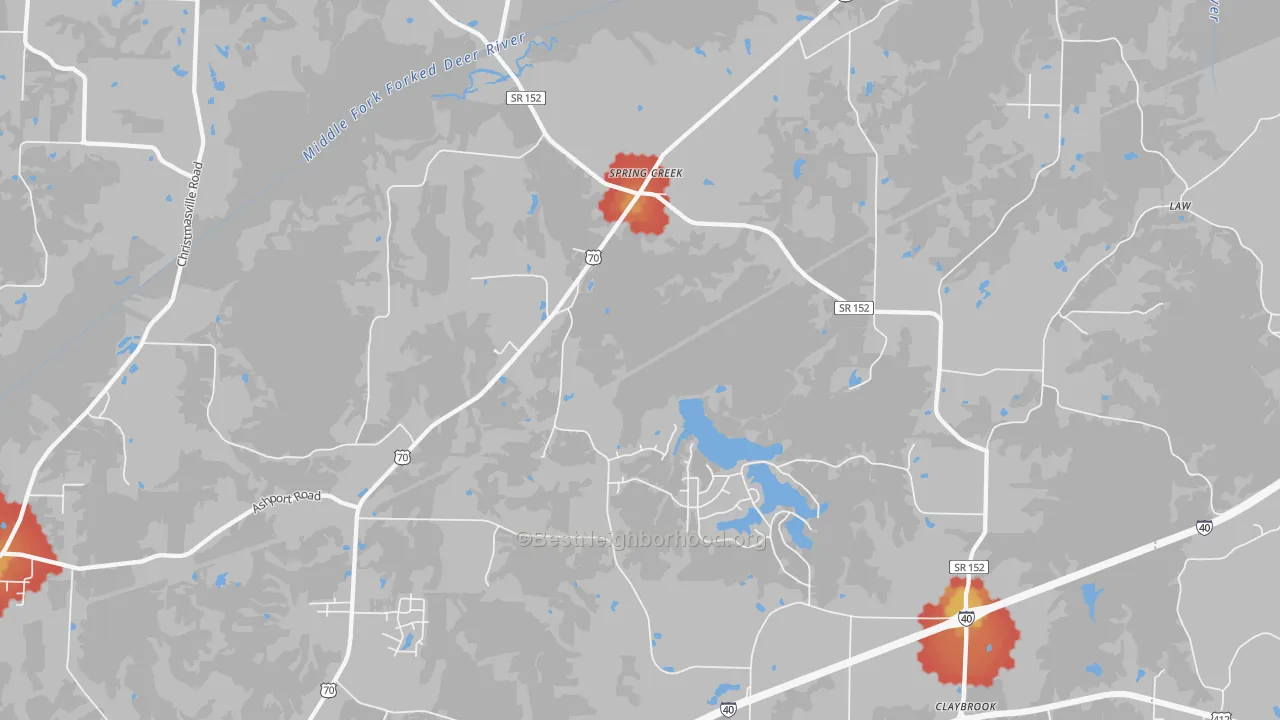 Walk Grade map of Spring Creek, TN, walkable areas in green and car-dependent areas in red