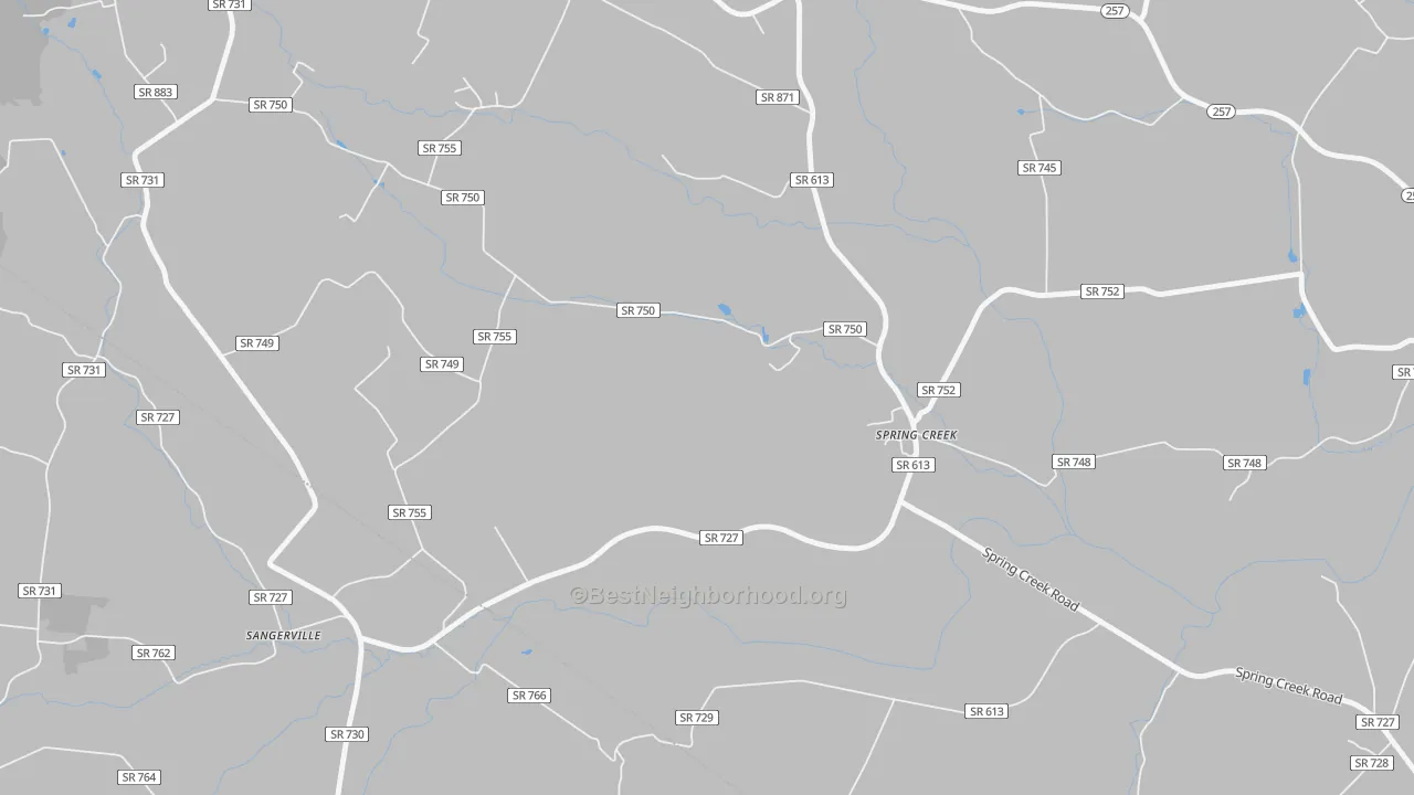 Walk Grade map of Spring Creek, VA, walkable areas in green and car-dependent areas in red
