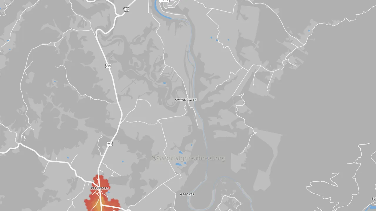 Walk Grade map of Spring Creek, WV, walkable areas in green and car-dependent areas in red