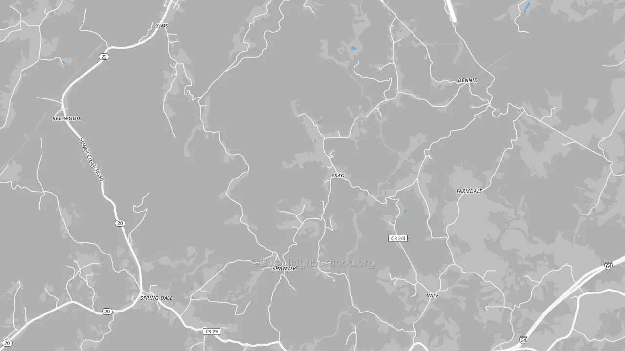 Walk Grade map of Spring Dale, WV, walkable areas in green and car-dependent areas in red