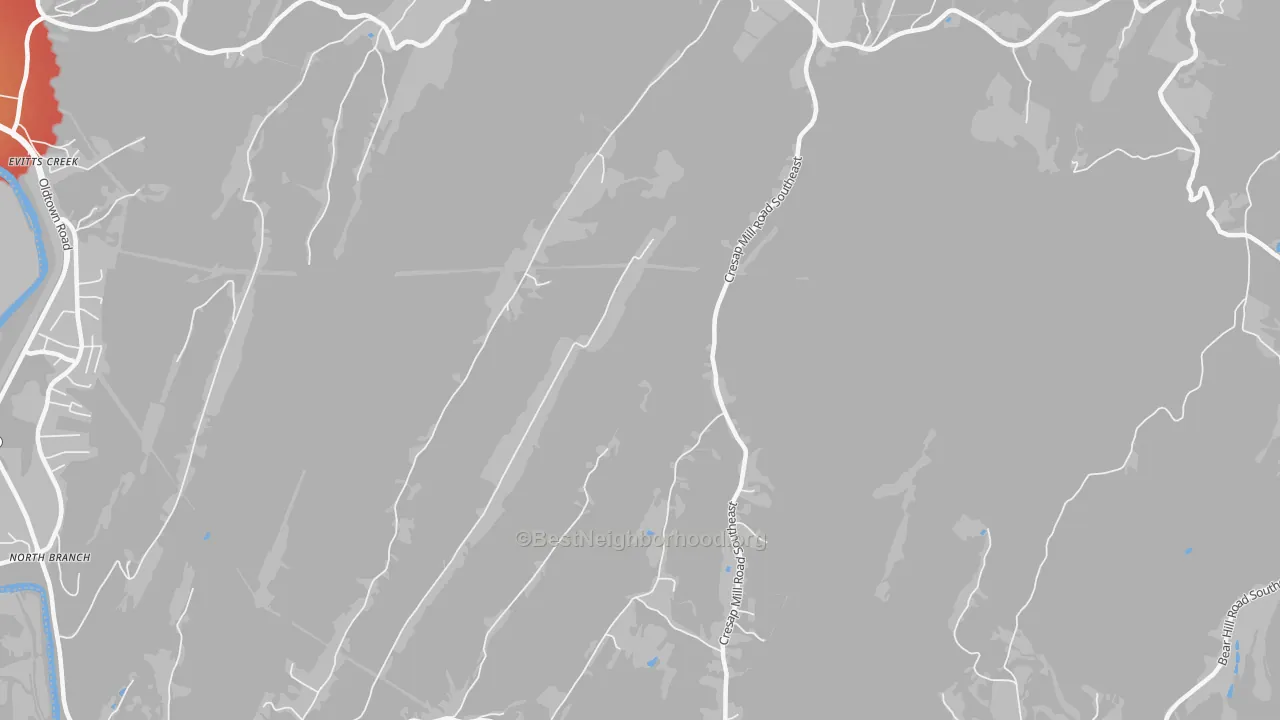 Walk Grade map of Spring Gap, MD, walkable areas in green and car-dependent areas in red
