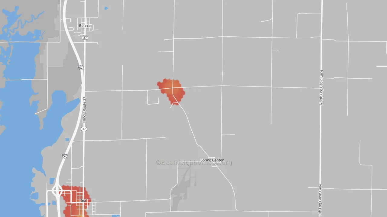 Walk Grade map of Spring Garden, IL, walkable areas in green and car-dependent areas in red