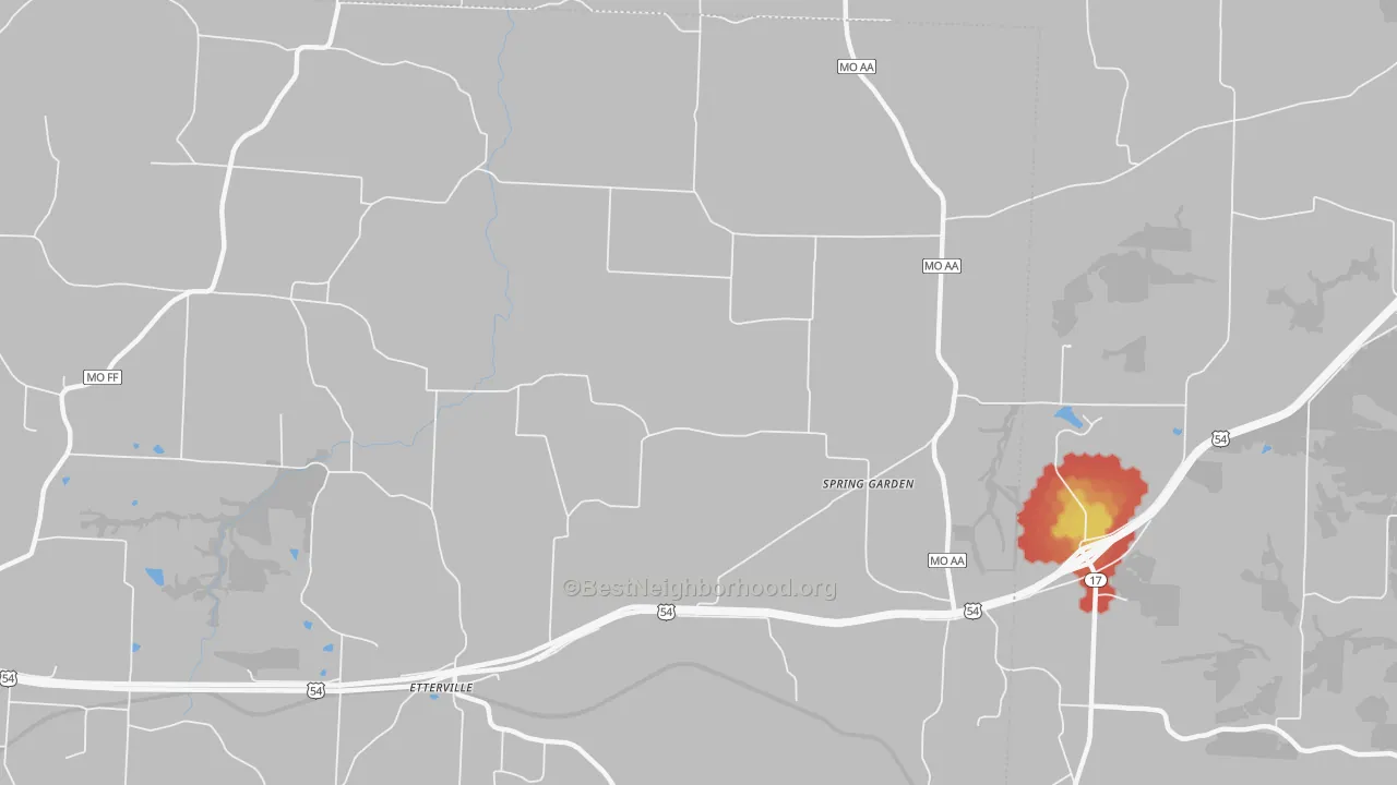 Walk Grade map of Spring Garden, MO, walkable areas in green and car-dependent areas in red