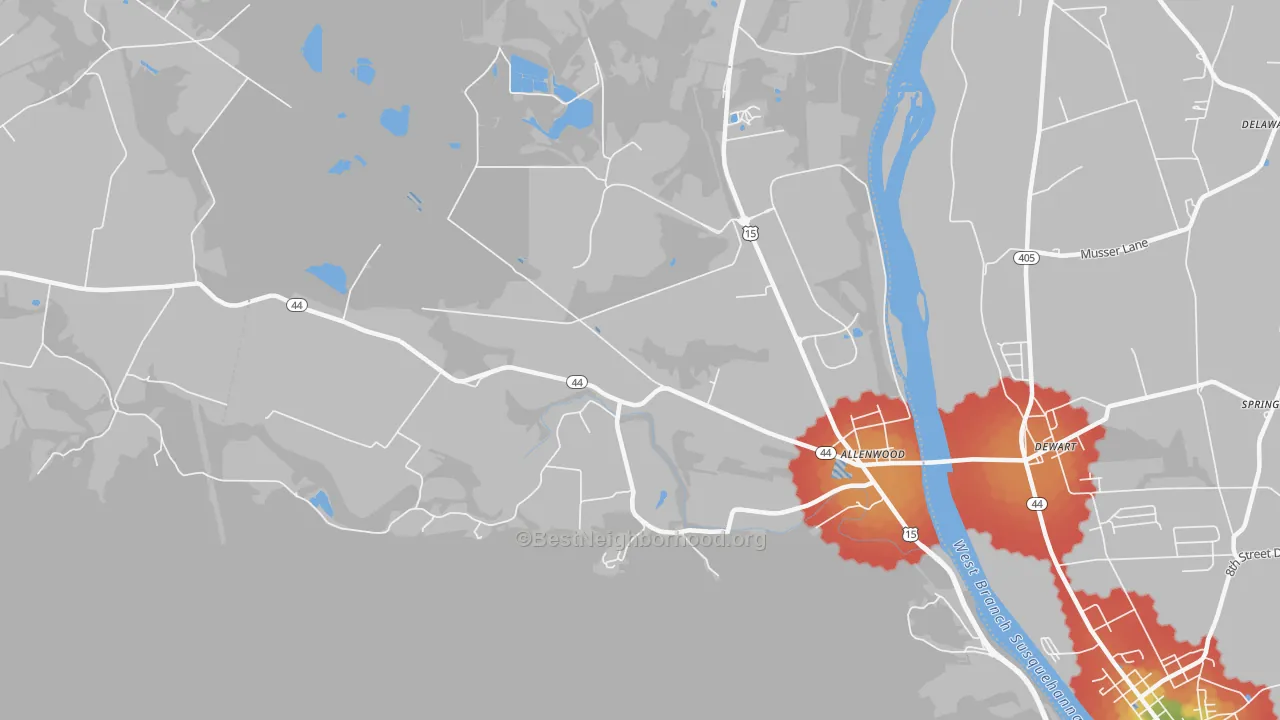 Walk Grade map of Spring Garden, PA, walkable areas in green and car-dependent areas in red