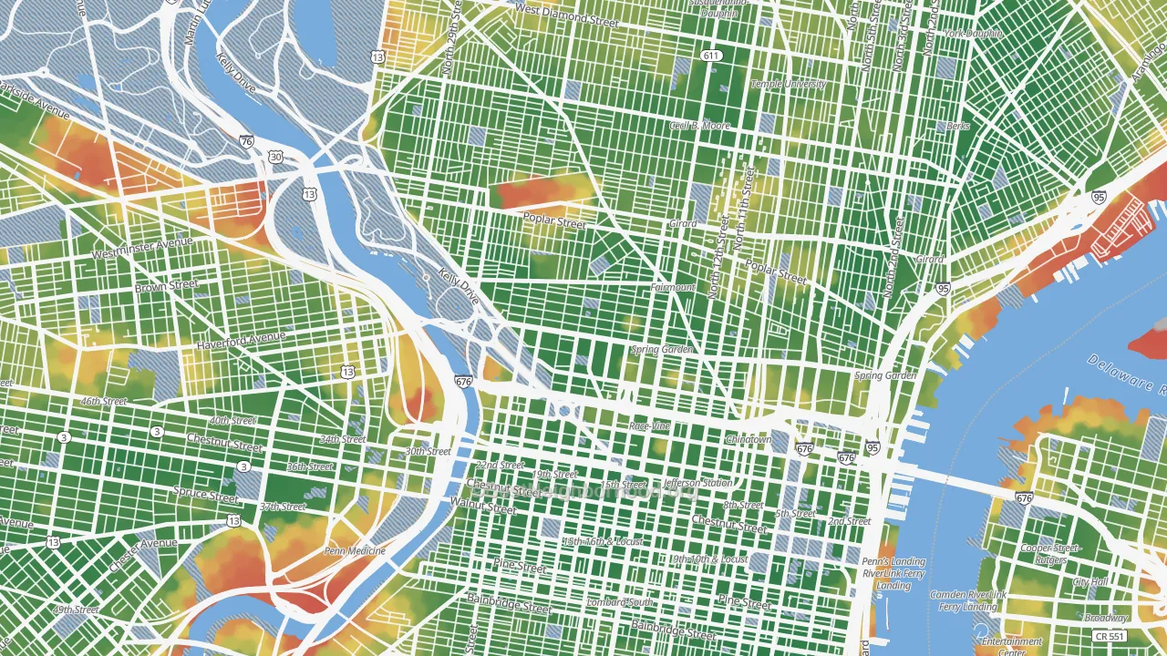 Walk Grade map of Spring Garden, Philadelphia, PA, walkable areas in green and car-dependent areas in red