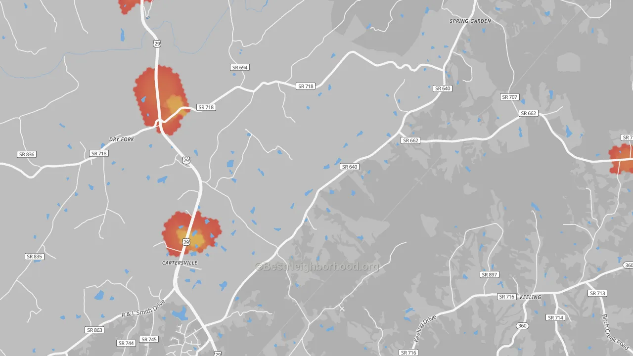 Walk Grade map of Spring Garden, VA, walkable areas in green and car-dependent areas in red