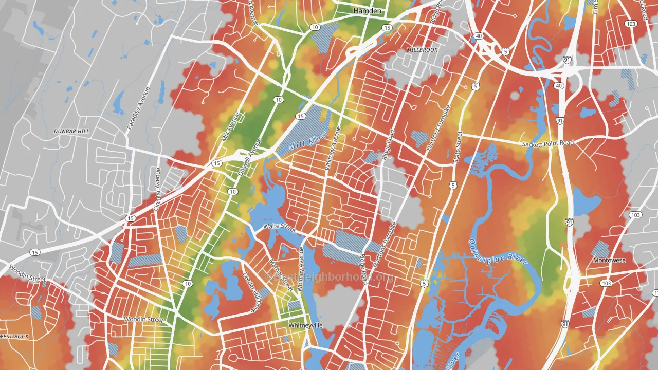 Walk Grade map of Spring Glen, Hamden, CT, walkable areas in green and car-dependent areas in red