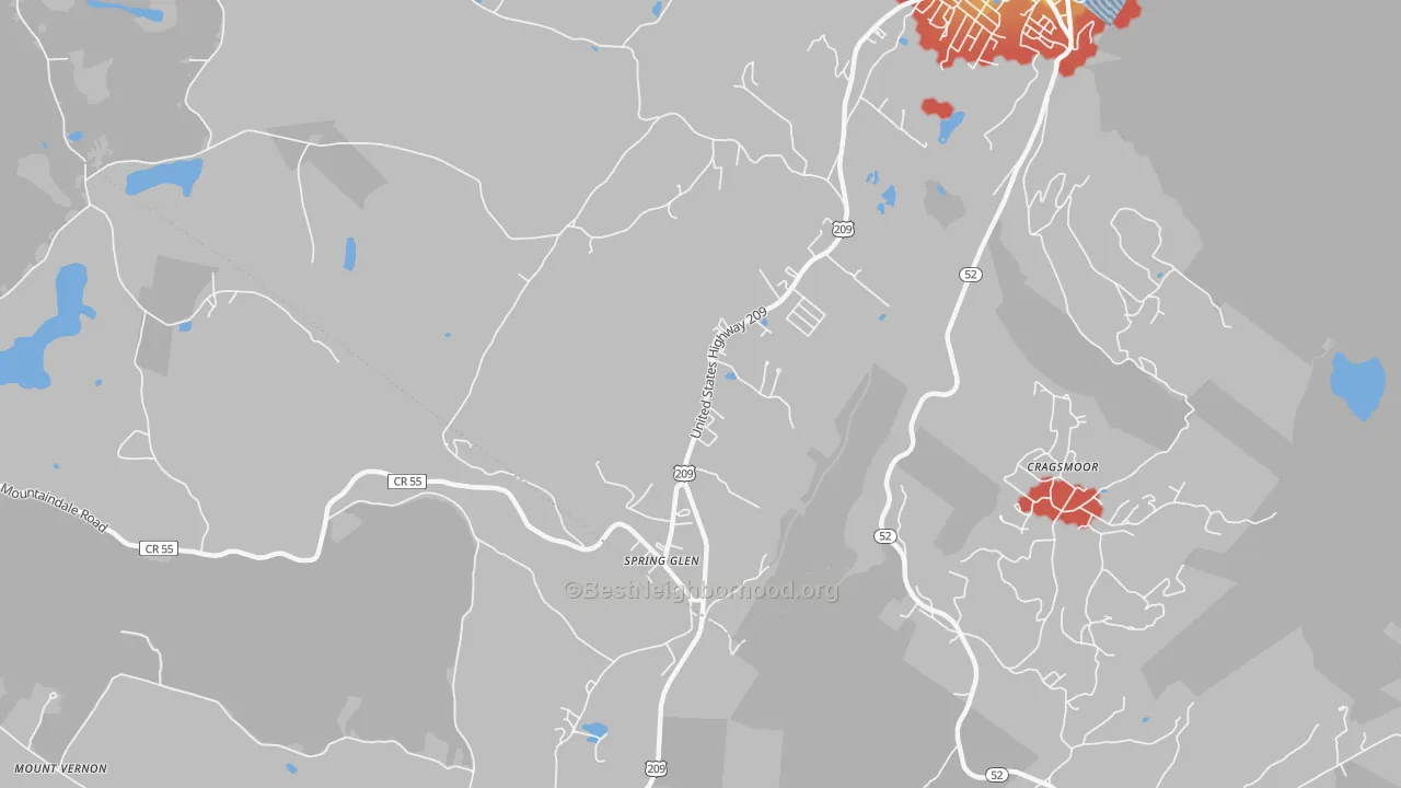 Walk Grade map of Spring Glen, NY, walkable areas in green and car-dependent areas in red