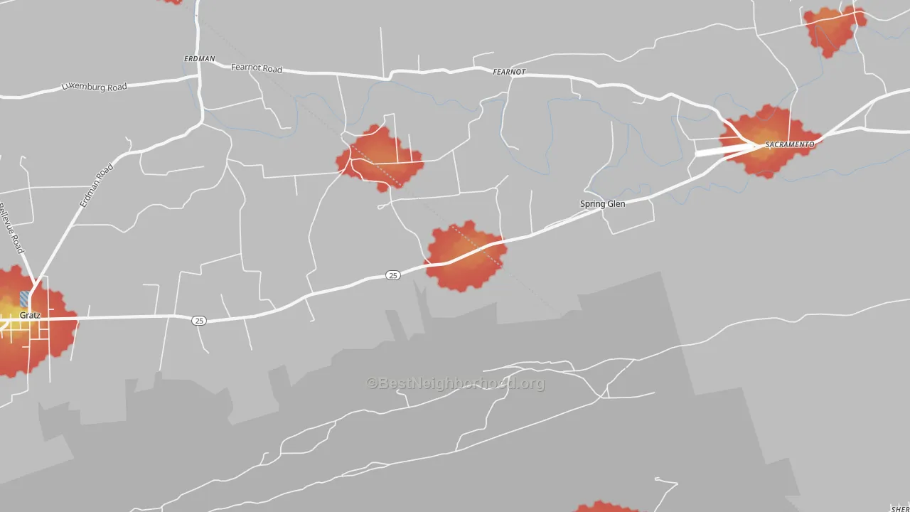 Walk Grade map of Spring Glen, PA, walkable areas in green and car-dependent areas in red