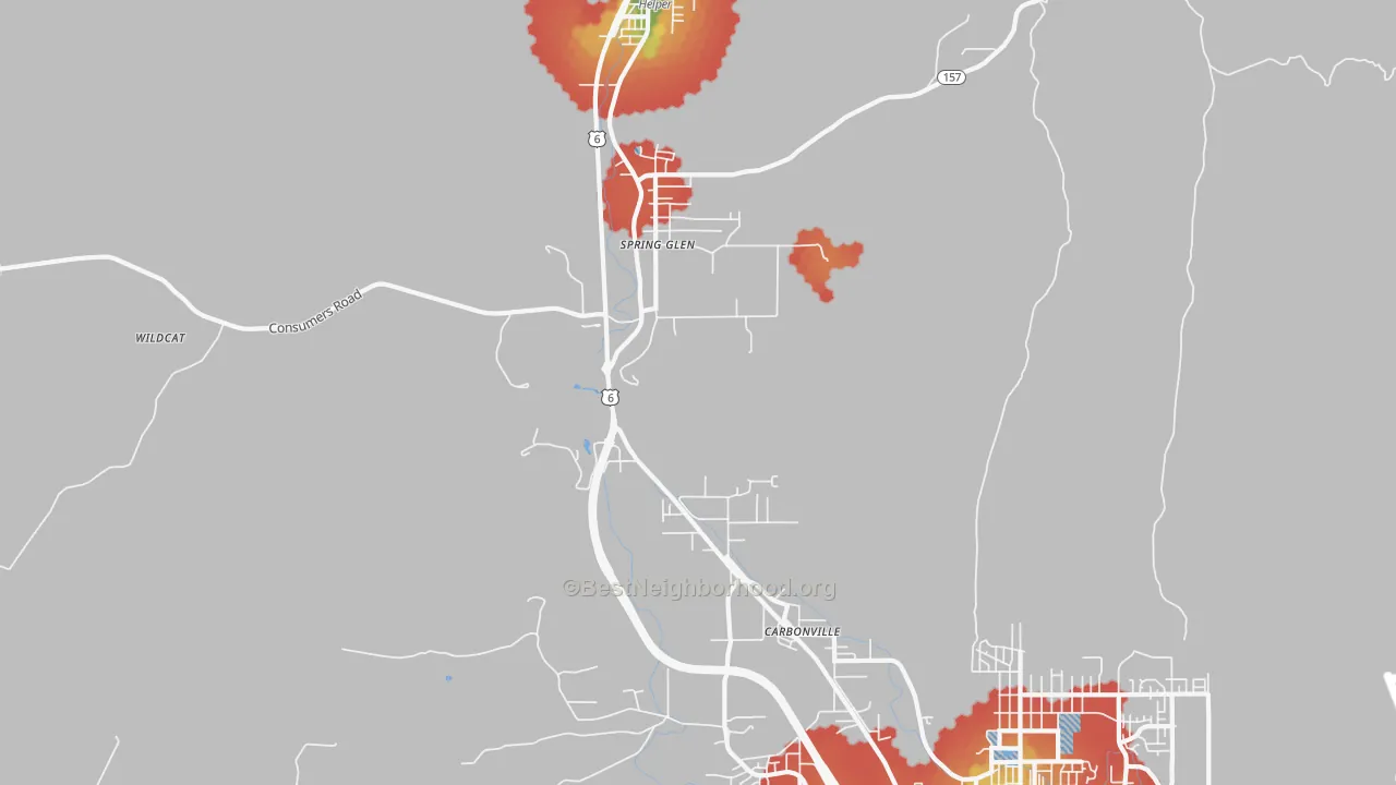 Walk Grade map of Spring Glen, UT, walkable areas in green and car-dependent areas in red