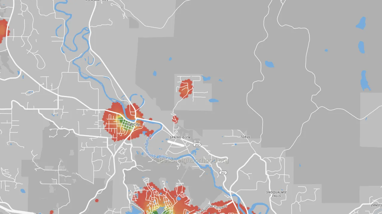 Walk Grade map of Spring Glen, WA, walkable areas in green and car-dependent areas in red