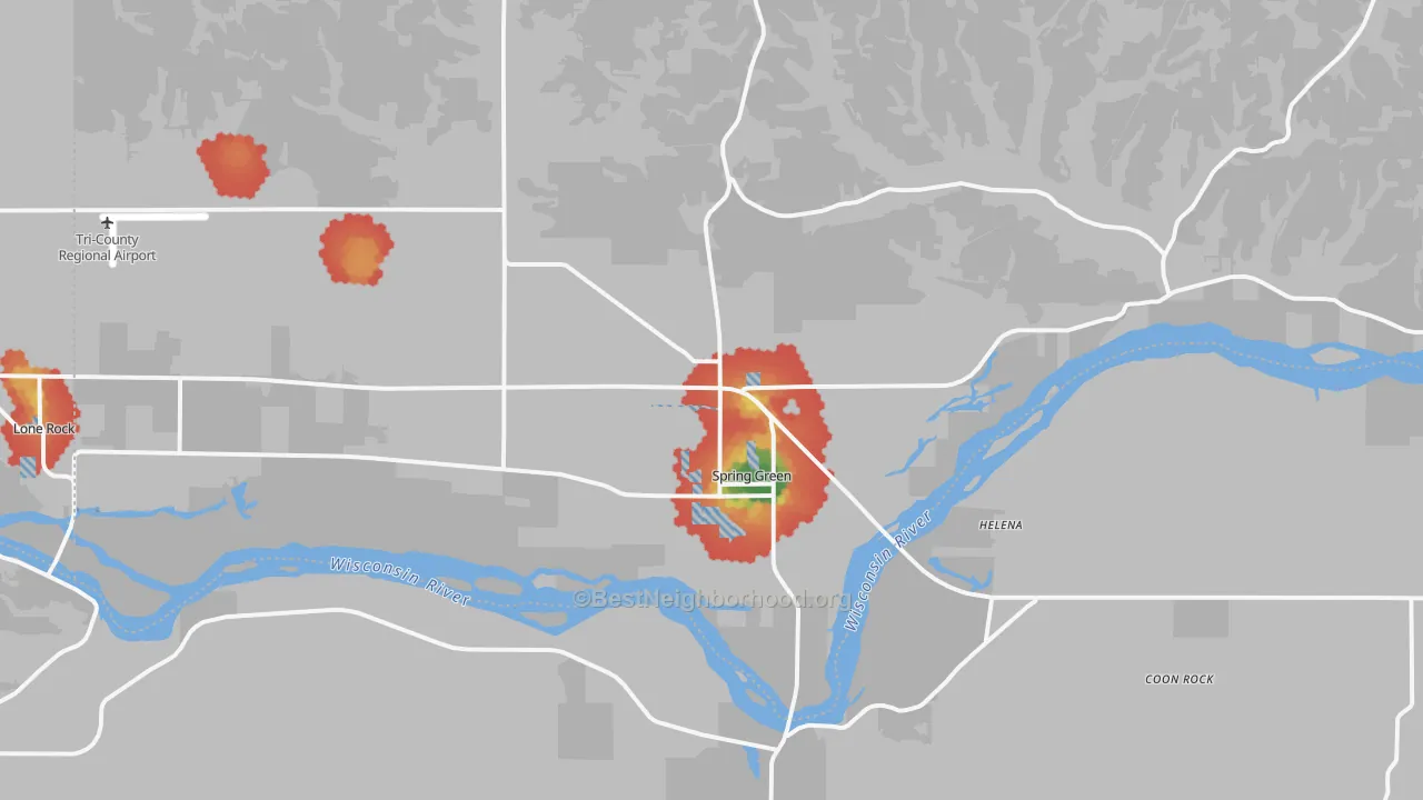 Walk Grade map of Spring Green, WI, walkable areas in green and car-dependent areas in red