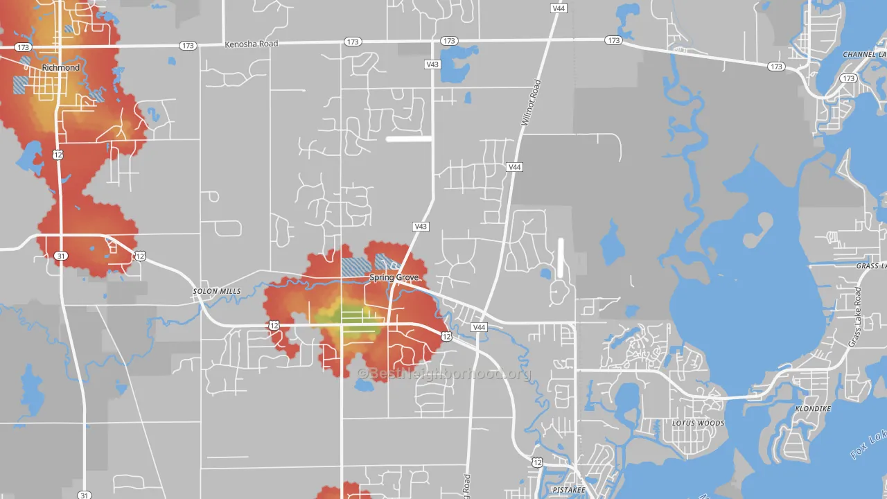 Walk Grade map of Spring Grove, IL, walkable areas in green and car-dependent areas in red
