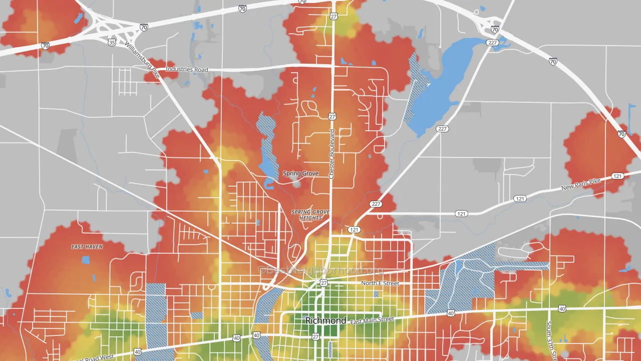 Walk Grade map of Spring Grove, IN, walkable areas in green and car-dependent areas in red
