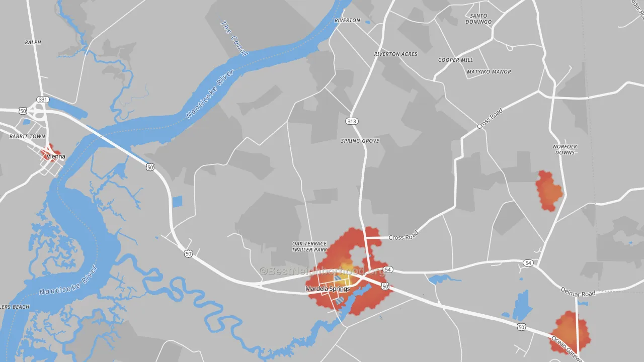 Walk Grade map of Spring Grove, MD, walkable areas in green and car-dependent areas in red