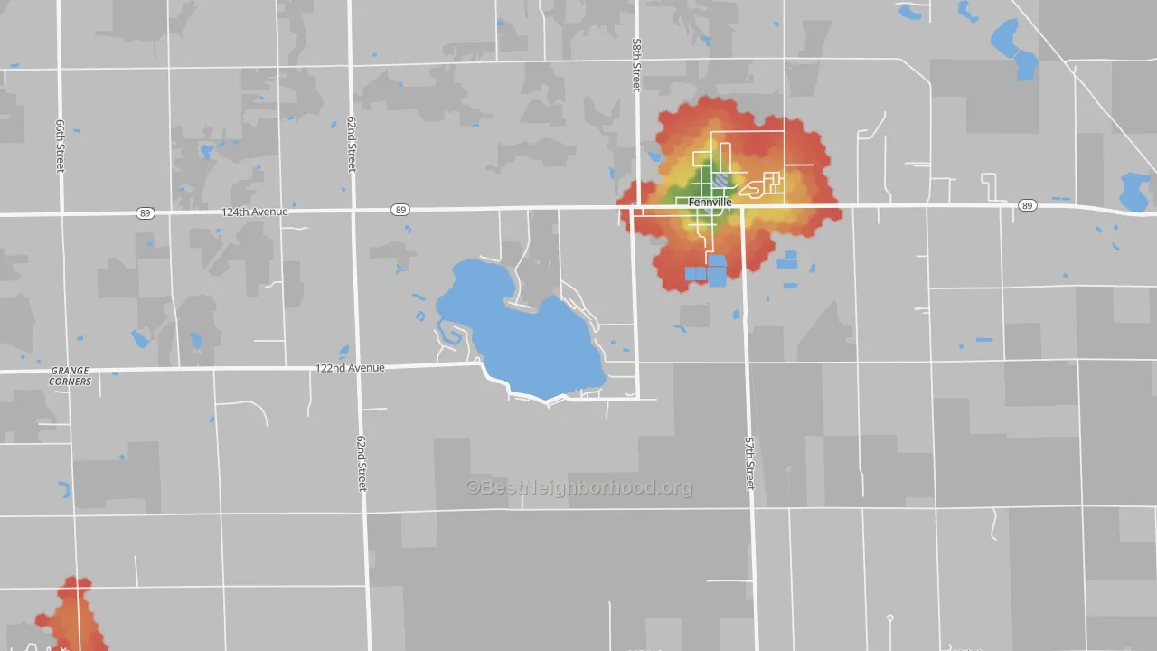 Walk Grade map of Spring Grove, MI, walkable areas in green and car-dependent areas in red