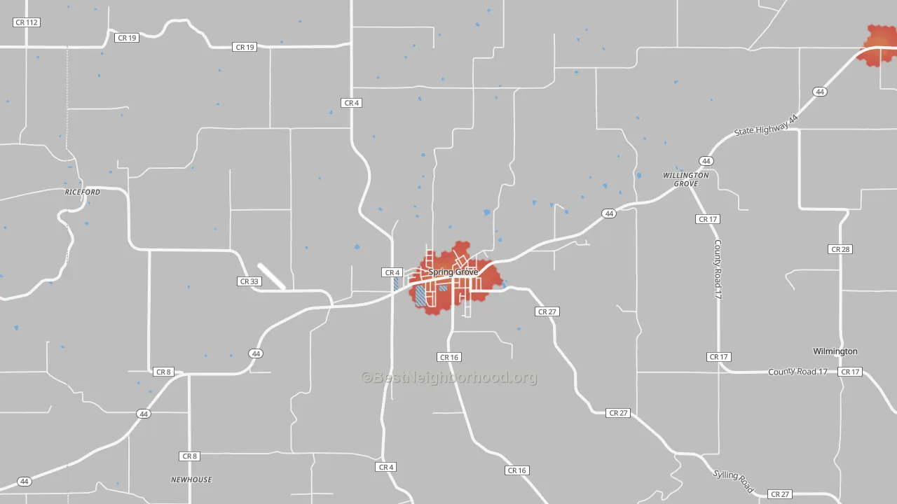 Walk Grade map of Spring Grove, MN, walkable areas in green and car-dependent areas in red
