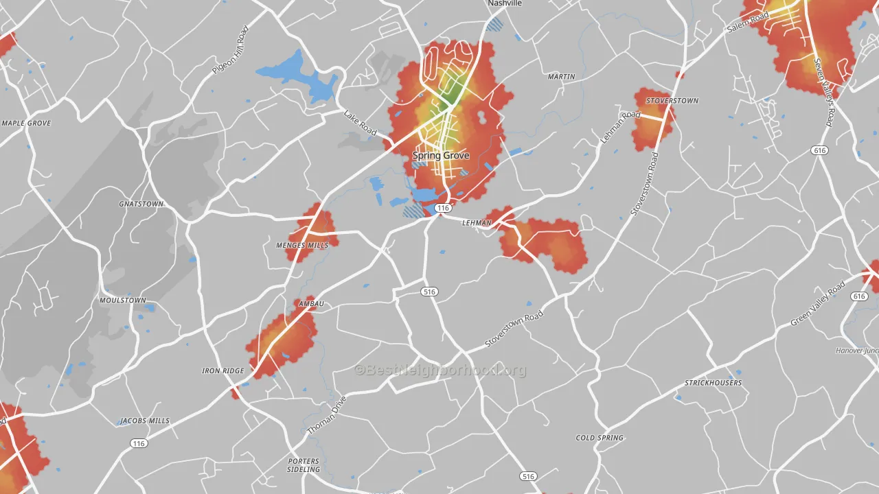 Walk Grade map of Spring Grove, PA, walkable areas in green and car-dependent areas in red