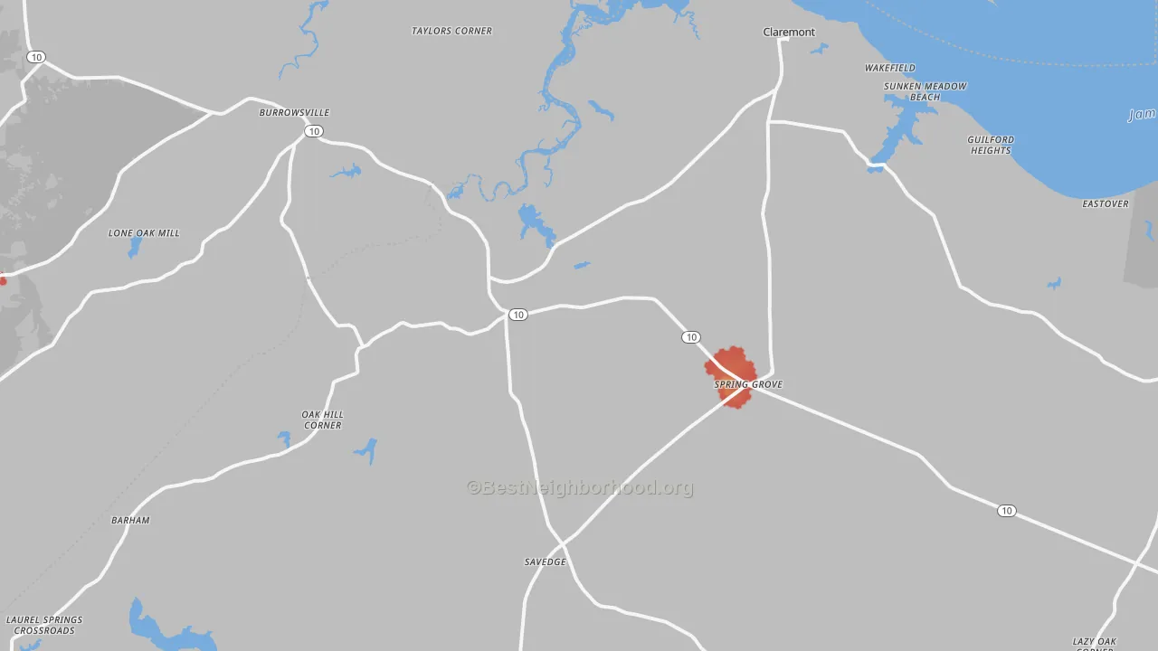 Walk Grade map of Spring Grove, VA, walkable areas in green and car-dependent areas in red