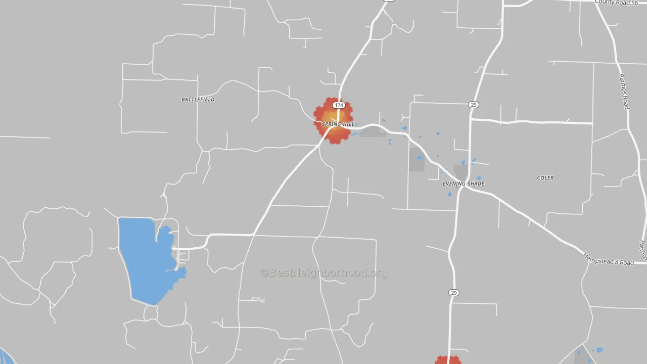 Walk Grade map of Spring Hill, AR, walkable areas in green and car-dependent areas in red