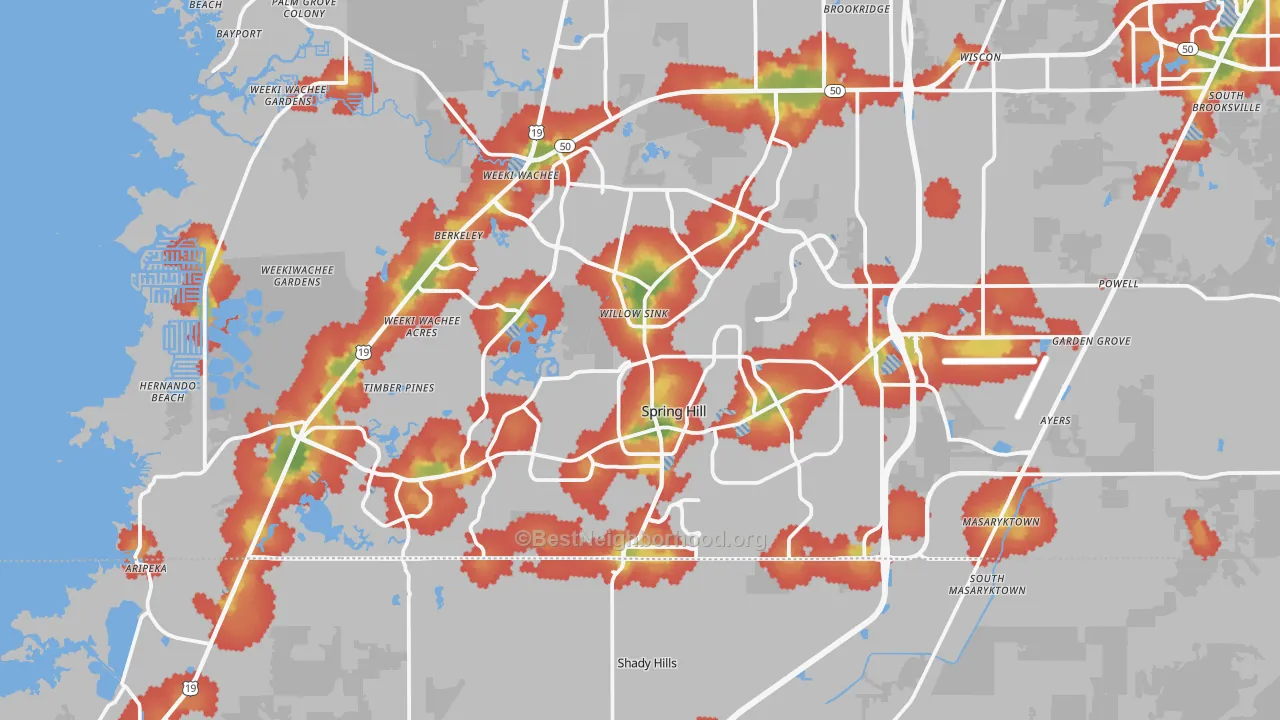 Walk Grade map of Spring Hill, FL, walkable areas in green and car-dependent areas in red