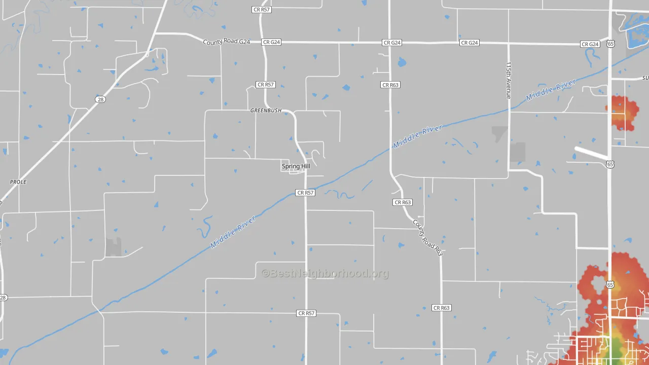Walk Grade map of Spring Hill, IA, walkable areas in green and car-dependent areas in red