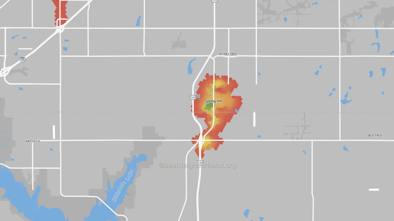 Walk Grade map of Spring Hill, KS, walkable areas in green and car-dependent areas in red