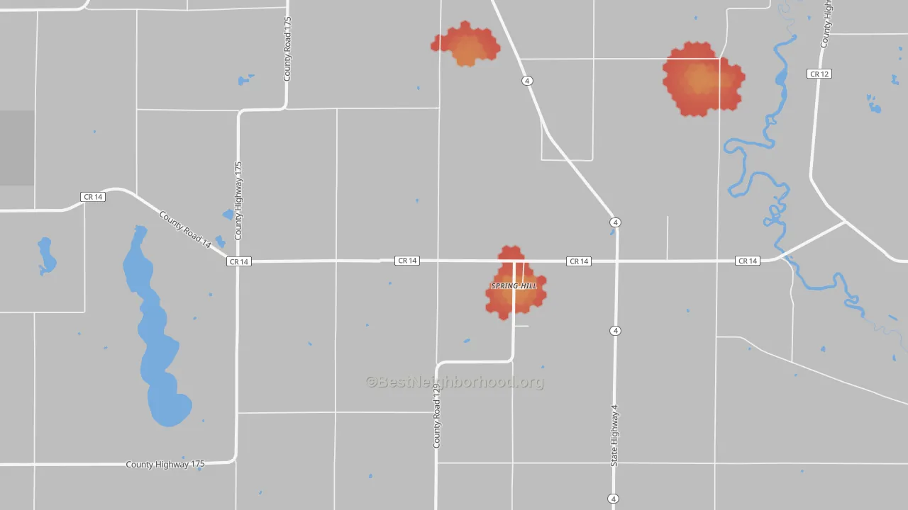 Walk Grade map of Spring Hill, MN, walkable areas in green and car-dependent areas in red