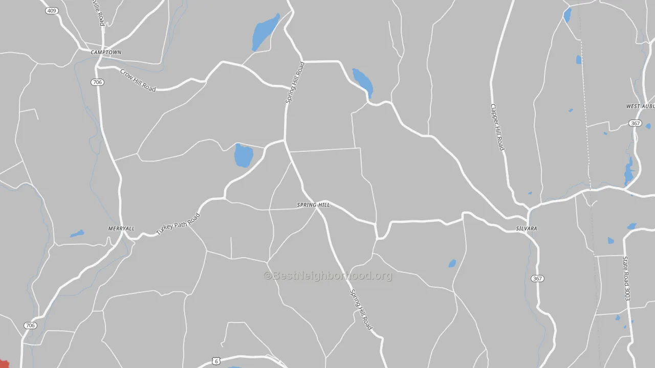 Walk Grade map of Spring Hill, PA, walkable areas in green and car-dependent areas in red