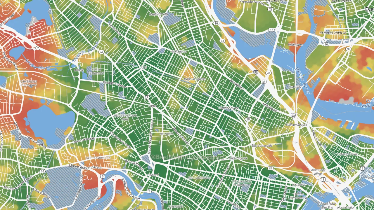 Walk Grade map of Spring Hill, Somerville, MA, walkable areas in green and car-dependent areas in red