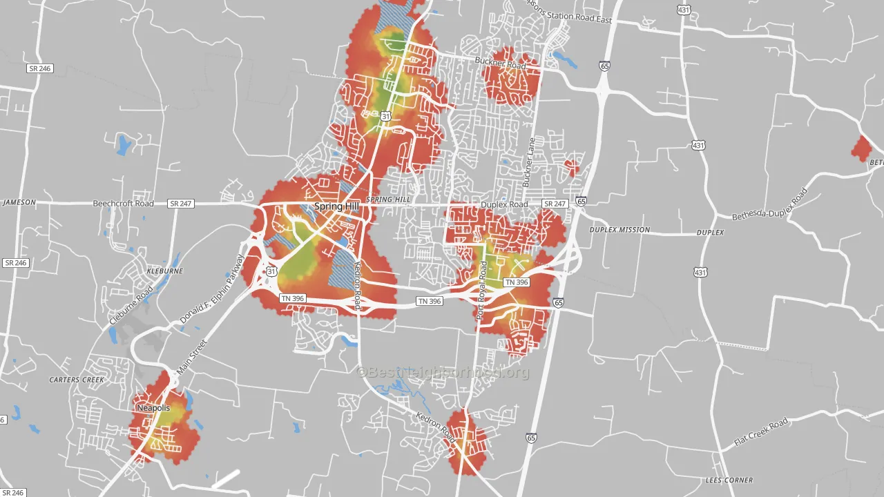 Walk Grade map of Spring Hill, TN, walkable areas in green and car-dependent areas in red