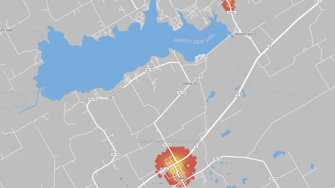 Walk Grade map of Spring Hill, TX, walkable areas in green and car-dependent areas in red