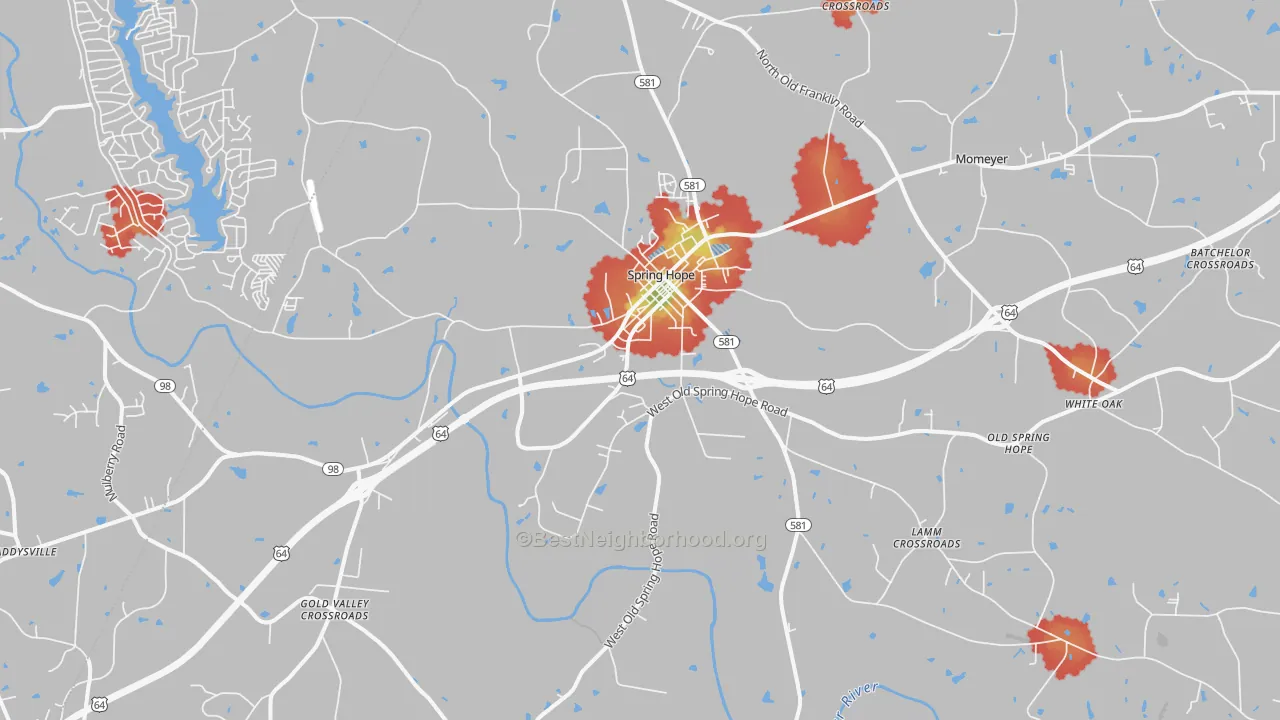 Walk Grade map of Spring Hope, NC, walkable areas in green and car-dependent areas in red