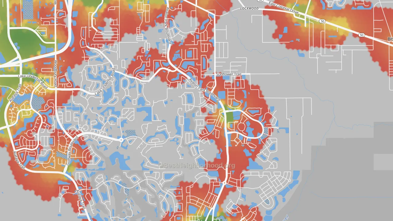 Walk Grade map of Spring Isle, Alafaya, FL, walkable areas in green and car-dependent areas in red