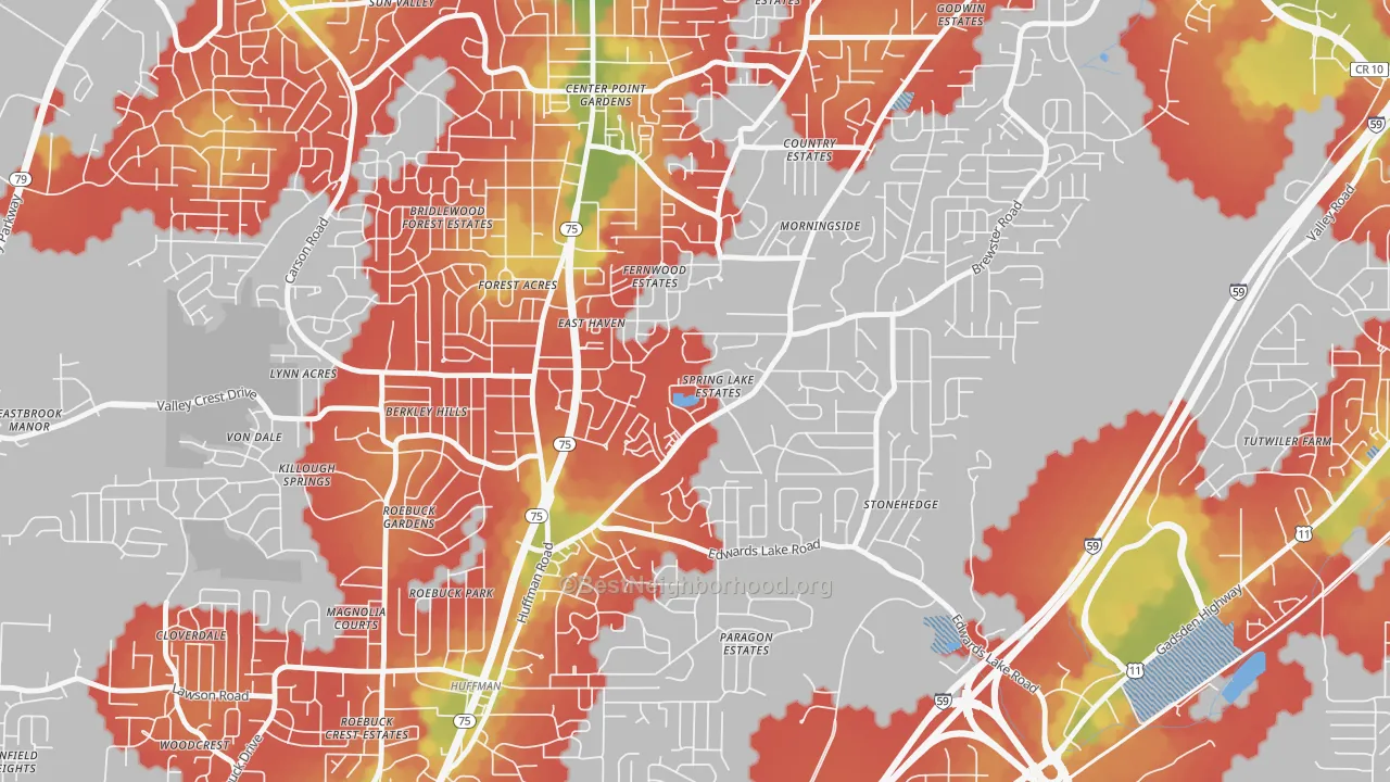 Walk Grade map of Spring Lake, Birmingham, AL, walkable areas in green and car-dependent areas in red