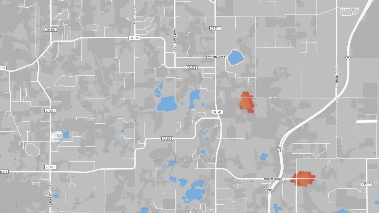 Walk Grade map of Spring Lake, FL, walkable areas in green and car-dependent areas in red