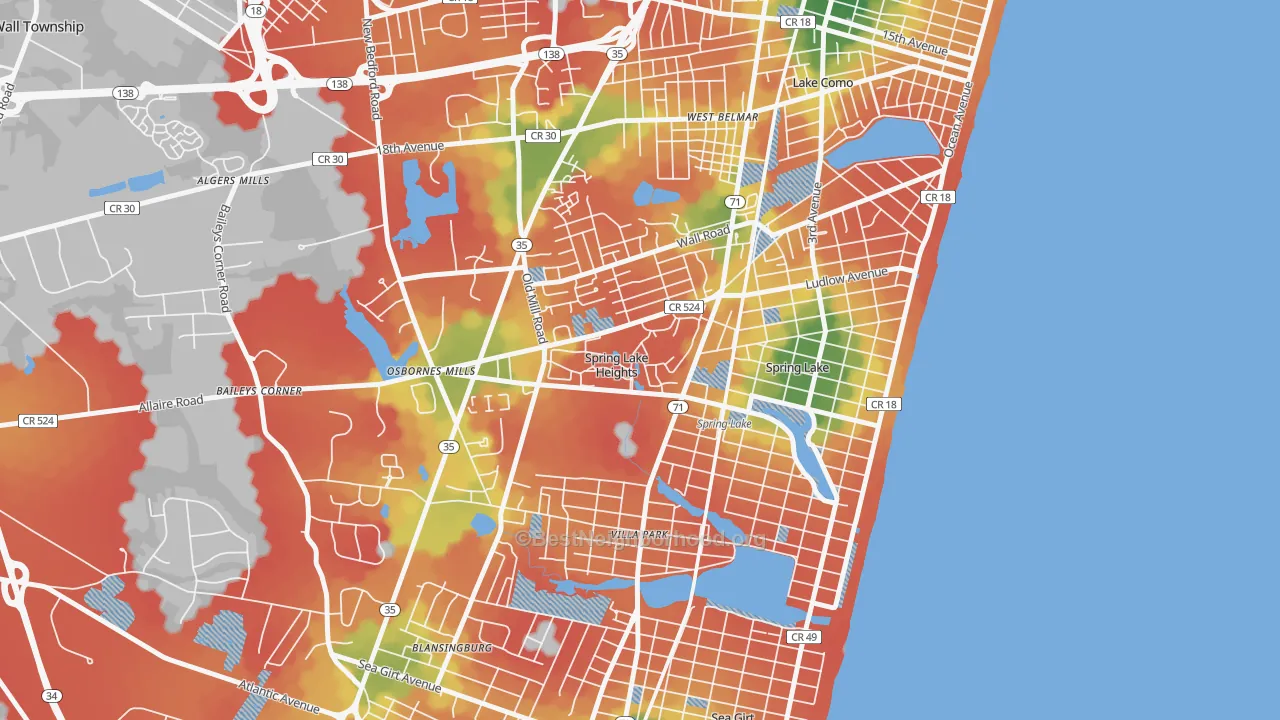 Walk Grade map of Spring Lake Heights, NJ, walkable areas in green and car-dependent areas in red
