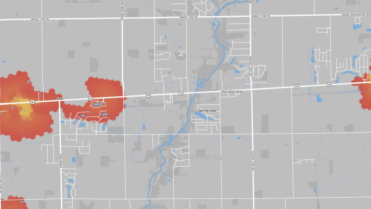 Walk Grade map of Spring Lake, IN, walkable areas in green and car-dependent areas in red