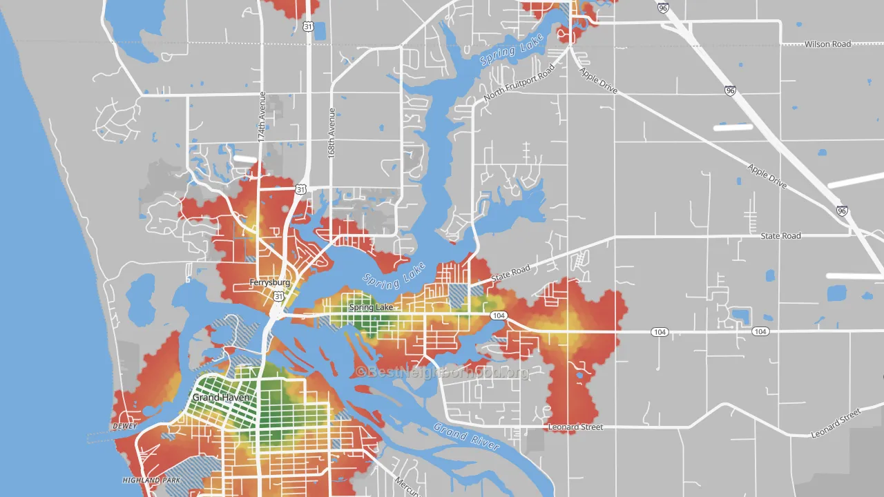 Walk Grade map of Spring Lake, MI, walkable areas in green and car-dependent areas in red