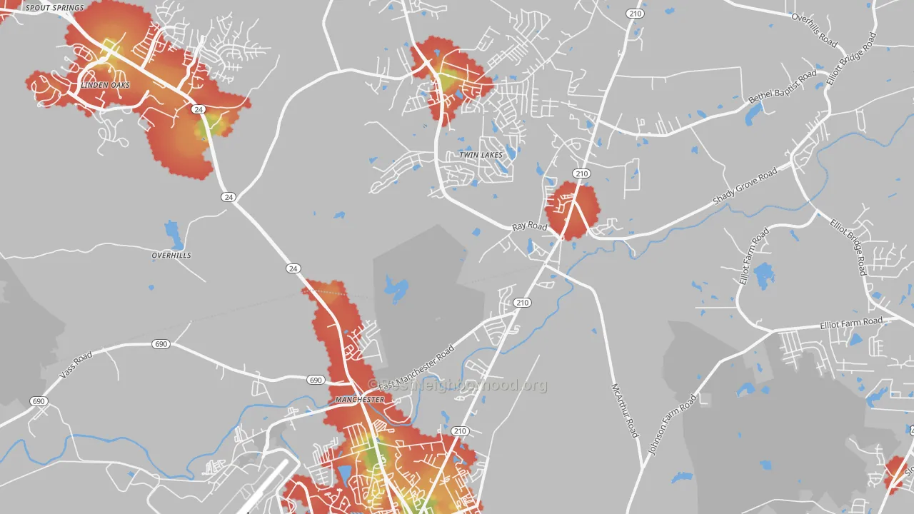 Walk Grade map of Spring Lake, NC, walkable areas in green and car-dependent areas in red