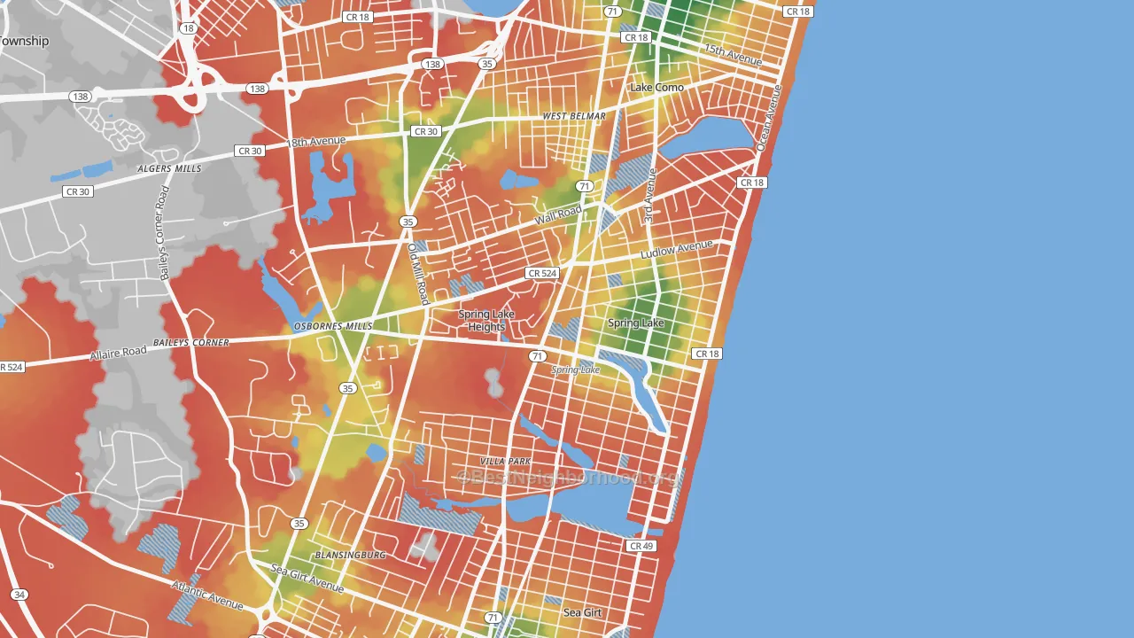 Walk Grade map of Spring Lake, NJ, walkable areas in green and car-dependent areas in red