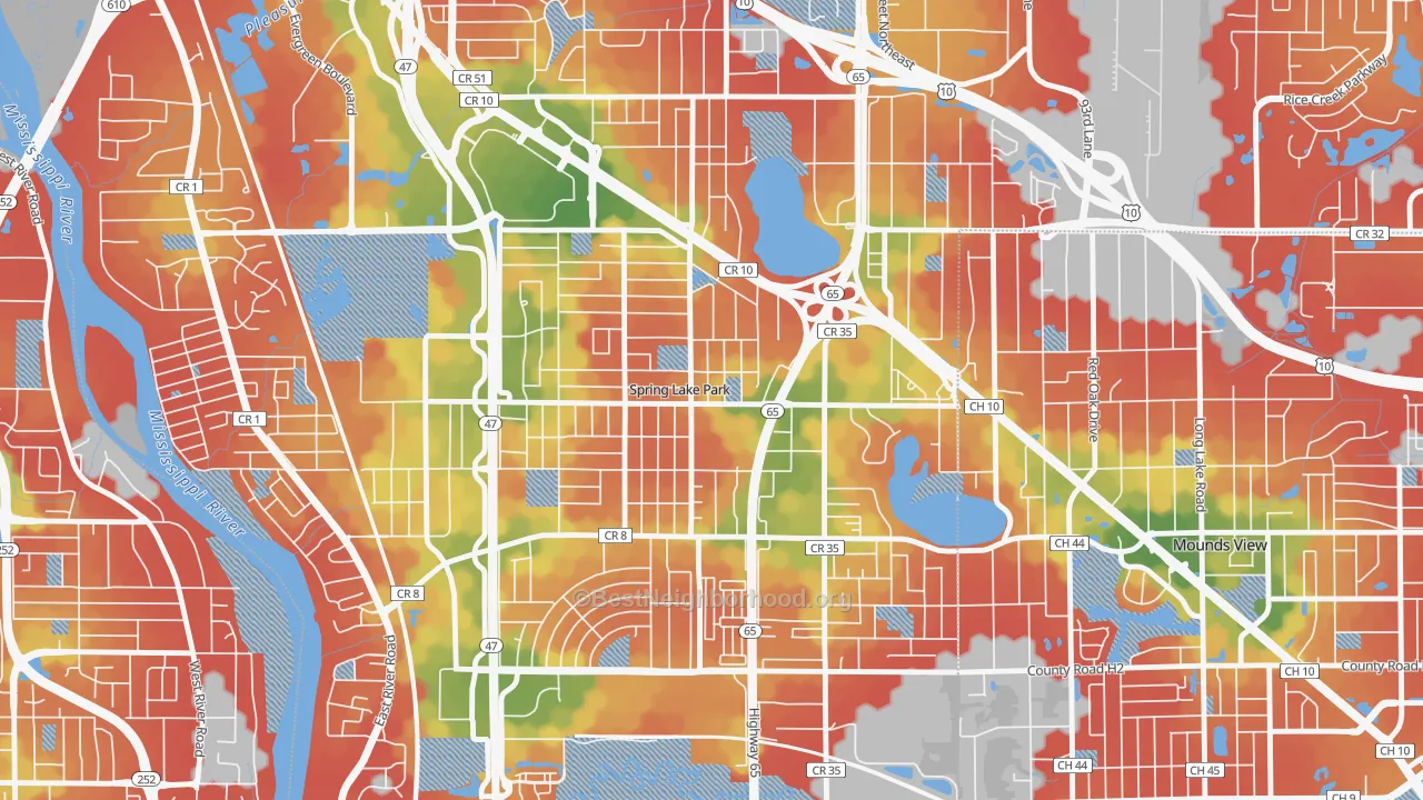 Walk Grade map of Spring Lake Park, MN, walkable areas in green and car-dependent areas in red