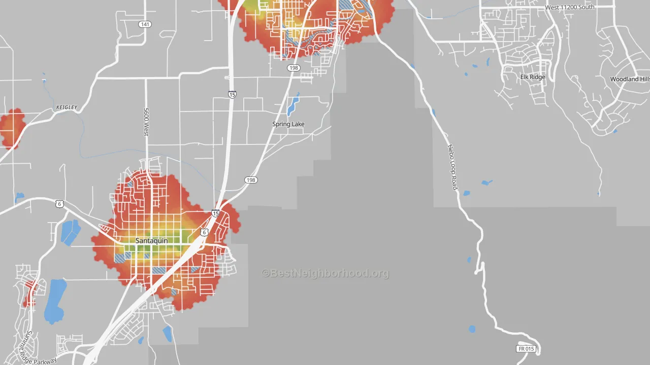 Walk Grade map of Spring Lake, UT, walkable areas in green and car-dependent areas in red